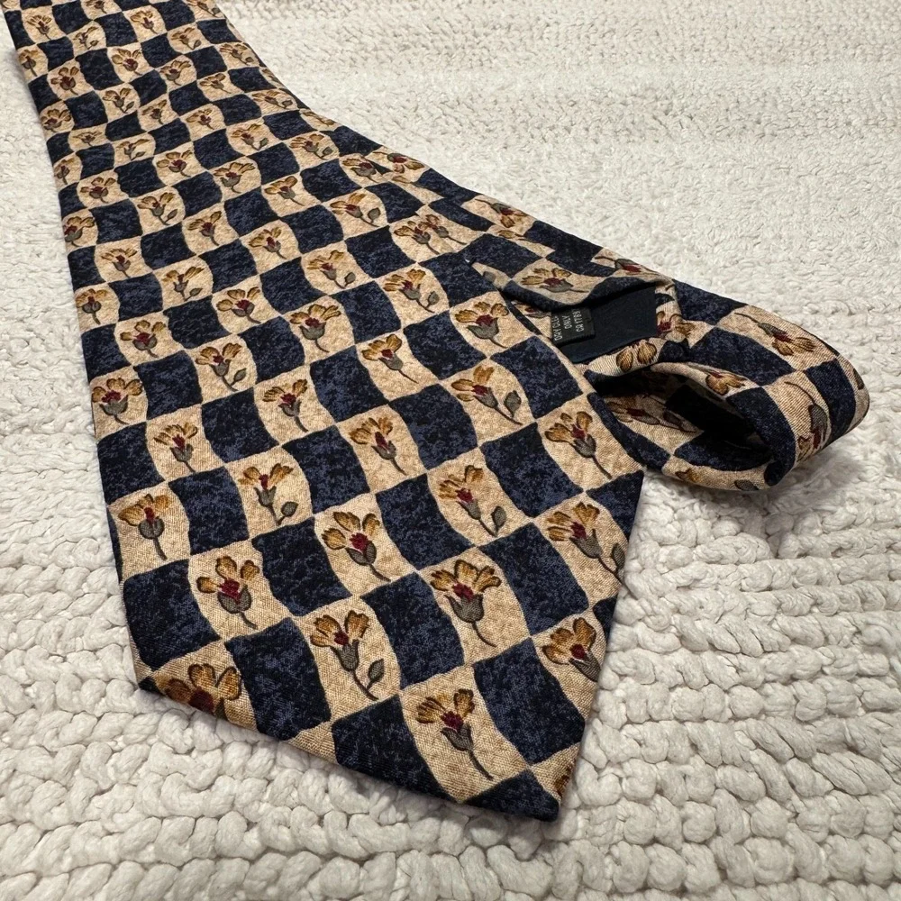 Banana Republic Tie Men OS Blue Tan Floral Check 100% Silk Italy Heritage Preppy